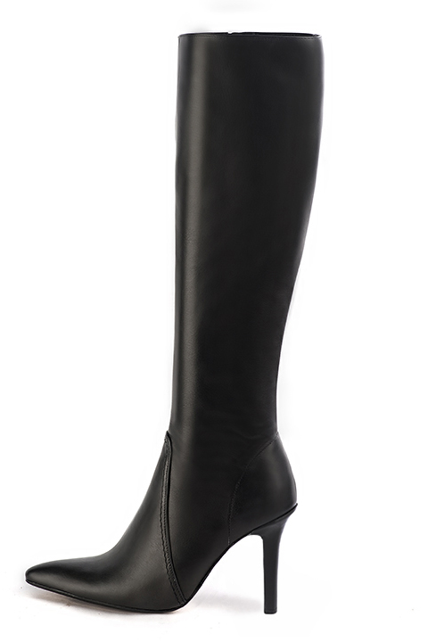 Satin black women's feminine knee-high boots. Tapered toe. Very high slim heel. Made to measure. Profile view - Florence KOOIJMAN